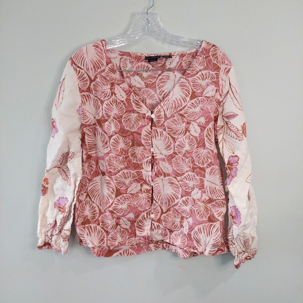 Tahari blouse Small 100% linen long sleeve leaf pattern contrast sleeves